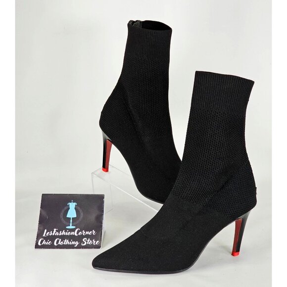 Staccato Women's Black Knit Pointed Toe Mid Socks Boots Red Heels Sz 9.5 40 314 - Picture 7 of 16